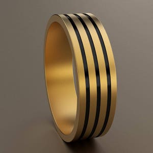 14kt Yellow Gold 6mm Brushed Mens Wedding Band, Mens Gold Wedding Ring Deep Triple Grooves with Black Antiquing, 3 Line Minimalist 6 mm Band
