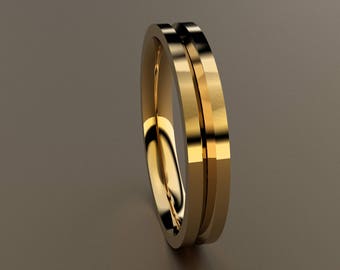 May include: A gold-colored ring with a unique design. The ring features a central band flanked by two parallel, slightly raised bands. The polished surface reflects light, creating highlights and shadows.