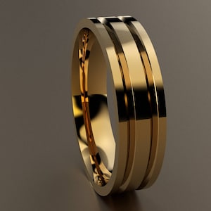 14kt Yellow Gold 6mm Mens Wedding Band Sharp Double Grooves, Classic Solid 14kt Yellow Gold Wedding Ring, Mens Wedding Anniversary Ring