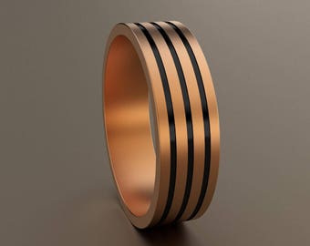 18kt Rose Gold 6mm Brushed Mens Wedding Band, Mens Pink Gold Wedding Ring Deep Triple Grooves with Black Antiquing 6mm Minimalist Mans Band