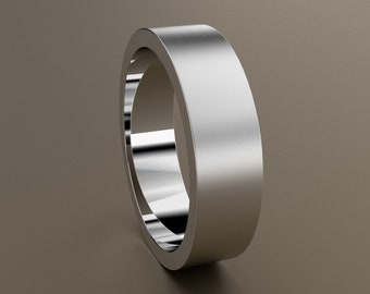 14kt White Gold 6mm Standard Weight Mens Brushed Flat Wedding Band, Matte Finish Satin Flat Minimalist Design, Comfortable Wedding Ring
