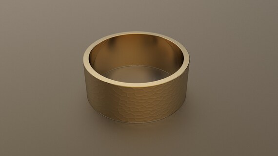 10kt Yellow Gold 9 Mm Hammered Mens Flat Wedding Band, Hand Finish