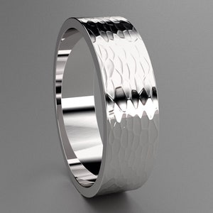 Silver 6mm Mens Hammered Flat Wedding Band, Matte Finish 925 Sterling Wide Flat Minimalistic Design, Comfortable Wedding Ring