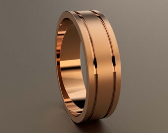 18kt Rose Gold 6mm Brushed Mens Wedding Band, Mens Pink Gold Wedding Ring Deep Grooves, 6 mm Minimalist Mans Wedding Band, Light Pipe Band