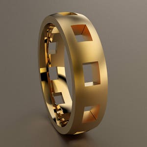 14kt Yellow Gold 6mm Brushed Mens Wedding Band Clean Pierced Holes, Classic Solid 14kt Yellow Gold Wedding Ring w/ Cutouts, Simple Mens Ring