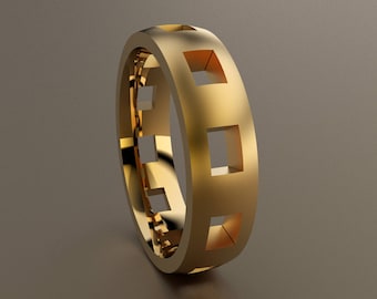 14kt Yellow Gold 6mm Brushed Mens Wedding Band Clean Pierced Holes, Classic Solid 14kt Yellow Gold Wedding Ring w/ Cutouts, Simple Mens Ring