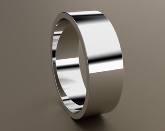 14kt White Gold 7 mm Mens Flat Wedding Band, Classic Rectangle Mans Wedding Ring, Wide Comfortable Wedding Ring, Anniversary Ring