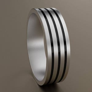 18kt White Gold 6mm Brushed Mens Wedding Band, Mens Gold Wedding Ring Unique Design Triple Grooves with Black Antiquing, 3 Line 6 mm Band