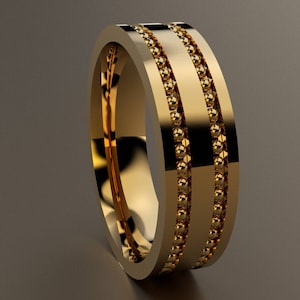 14kt Yellow Gold 6mm Mens Wedding Band with Bead Design, Solid 14kt Gold Designer Mens Wedding Ring, Simple Wedding Ring, Unique Pattern