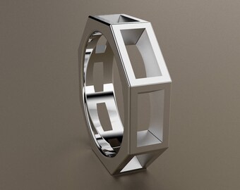 10kt White Gold 6mm Mens Wedding Band, Open Octagon 10kt White Gold Wedding Ring, Perfect for a Mechanic, Solid White Gold, Nut & Bolt Ring