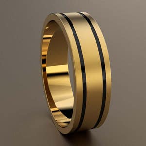 14kt Yellow Gold 6mm Brushed Mens Wedding Band, Mens Gold Wedding Ring Deep Grooves with Black Antiquing, Minimalist 6 mm Mans Wedding Band