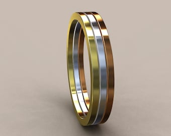 3 Stacking 14kt Gold 1 mm Ladies Flat Bands, Classic Rectangle Wedding Rings, Gold Stackable Rings, Tri-Color Bands Rose Yellow & White Gold