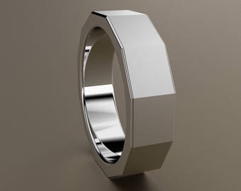 10kt White Gold 6mm Brushed Mens Wedding Band, 12 Sided 10kt White Gold Wedding Ring, Mechanic, Clean Sharp Looking Ring, Nut & Bolt Ring