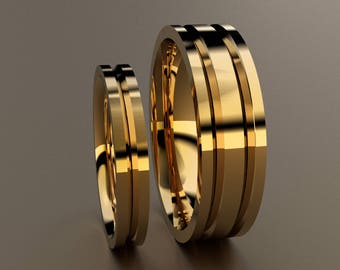 14kt Yellow Gold His & Hers 6mm and 3mm Wedding Band Set, Mens and Ladies Matching 14kt Gold Simple Design with Unique Channels Comfort Fit