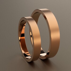 10kt Rose Gold Brushed 4mm and 3mm His & Hers Flat Wedding Bands, Rose Matte Finish Flat Minimalist Design, Pink Gold Comfortable Rings