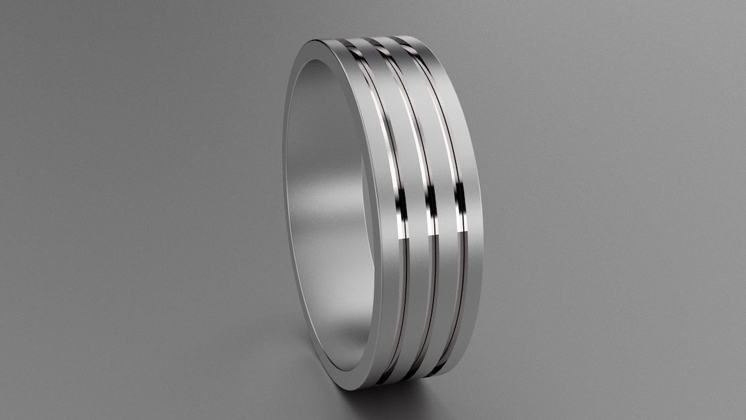 Silver 6mm Brushed Triple Grooved Mens Wedding Band, 925 Sterling