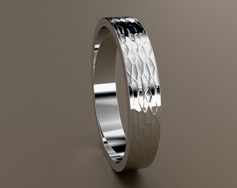 14kt White Gold 4mm Mens Hammer Flat Wedding Band, Hammered Finish by Hand Flat Minimalistic Design, Comfortable Light Wedding Ring