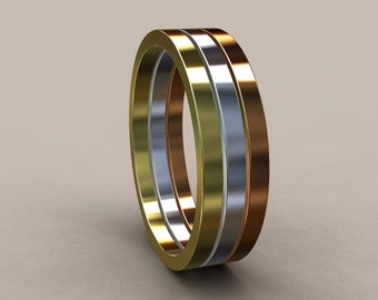 3 Stacking 14kt Gold 1.5 mm Ladies Flat Bands, Classic Rectangle Rings, Gold Stackable Rings, Tri-Color Bands Rose Yellow & White Gold