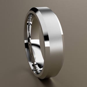 14kt White Gold 6mm Brushed Mens Wedding Band Beveled Edge, Classic Beveled Edge 14kt White Gold Wedding Ring, Anniversary Mens Ring
