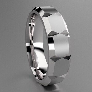 Silver 6mm Brushed Mens Wedding Band with Clean Llines, Faceted Classic 925 Sterling Silver Wedding Ring with Cuts, Simple Mens Wedding Ring