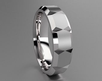 Silver 6mm Brushed Mens Wedding Band with Clean Llines, Faceted Classic 925 Sterling Silver Wedding Ring with Cuts, Simple Mens Wedding Ring
