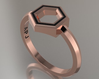 Rose Gold Geometric Hexagon Ring, Black Resin Solid 14kt Rose Gold Petite Design