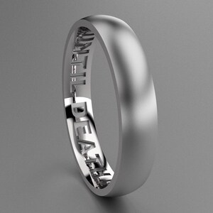 Silver 4mm Brushed Mens Message Wedding Band, Thin Classic 925 Sterling Silver Wedding Ring, Until Death Do Us Part Hidden Message Ring