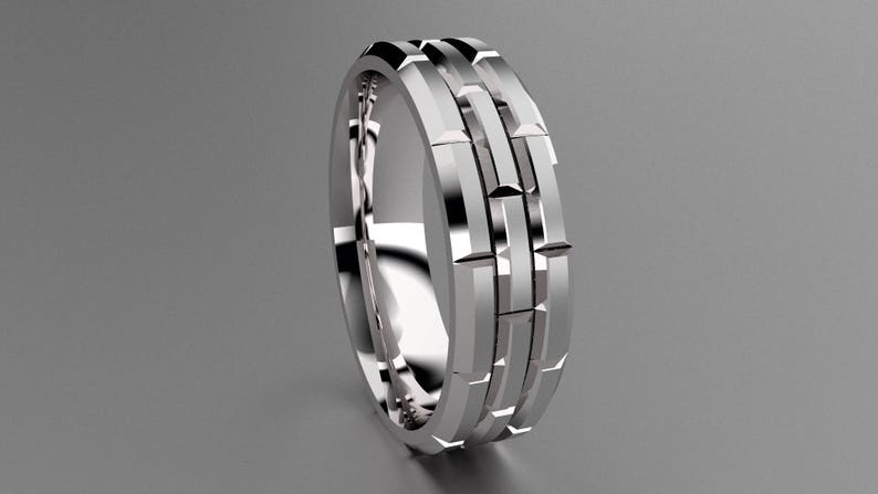 Silver 6mm Brushed Mens Wedding Band with Brick Pattern Classic 925 Sterling Silver Brick Design Wedding Ring Deep Faceted Gold Mens Ring
