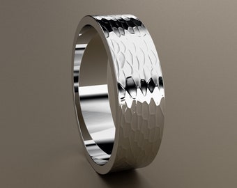 10kt White Gold 6mm Mens Hammered Flat Wedding Band, Hand Finish Wide Flat Minimalist Design, Rectangular Comfortable Light Wedding Ring