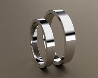 14kt White Gold 3mm and 4mm His & Hers Flat Wedding Band Set in White Gold, Mens and Ladies Matching Gold Wedding Rings, Flat Bands
