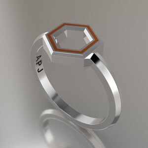 Silver Geometric Hexagon Ring, Orange Resin Solid Sterling Silver Petite Design