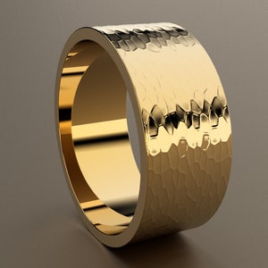 18kt Yellow Gold 9 mm Hammered Mens Flat Wedding Band, Hand Finish Classic Rectangle Mans Wedding Ring, Comfortable Wedding Anniversary Ring