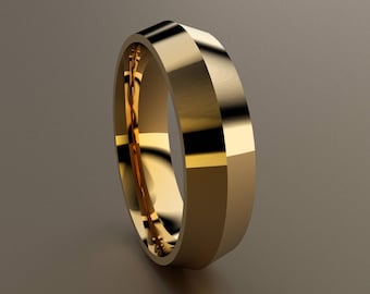 18kt Yellow Gold 6mm Mens Wedding Band , Knife Edge Faceted 18kt Yellow Gold Wedding Ring Unique Lines, Knife Edge Classic Mens Wedding Band