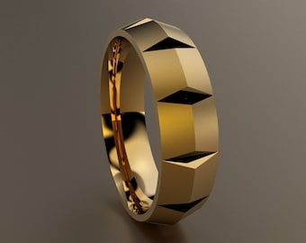 18kt Yellow Gold 6mm Brushed Mens Wedding Band, Matte 18kt Yellow Gold Knife Edge Wedding Ring Unique Lines Classic Knife Edge Wedding Band
