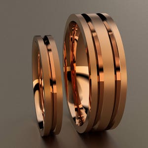 10kt Rose Gold His & Hers Brushed 6mm and 3mm Wedding Band Set, Mens and Ladies Matching 10kt Pink Gold Simple Design Channels, Comfort Fit