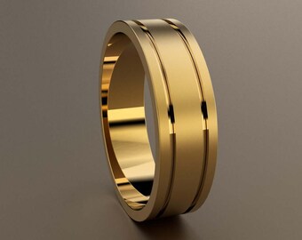 18kt Yellow Gold 6mm Brushed Mens Wedding Band, Mens Gold Wedding Ring Deep Grooves, 6 mm Mans Wedding Band, Yellow Gold Light Pipe Band