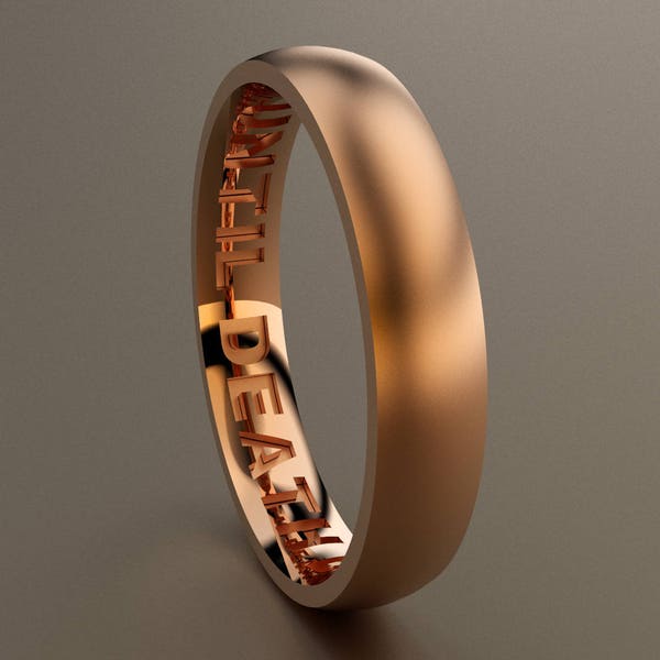 14kt Rose Gold 4mm Brushed Mens Message Wedding Band, Thin Classic 14kt Pink Gold Wedding Ring, Until Death Do Us Part Hidden Message, Thin