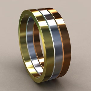 3 Stacking 18kt Gold 2 mm Ladies Flat Bands, Classic Rectangle Rings, Gold Stackable Rings, Tri-Color Bands Rose Yellow & White Gold