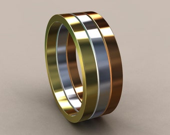 3 Stacking 14kt Gold 2 mm Ladies Flat Bands, Classic Rectangle Rings, Gold Stackable Rings, Tri-Color Bands Rose Yellow & White Gold