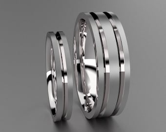 Silver His & Hers Brushed 6mm and 3mm Wedding Band Set, 925 Sterling Silver Mens and Ladies Matching Simple Unique Channels and Comfort Fit
