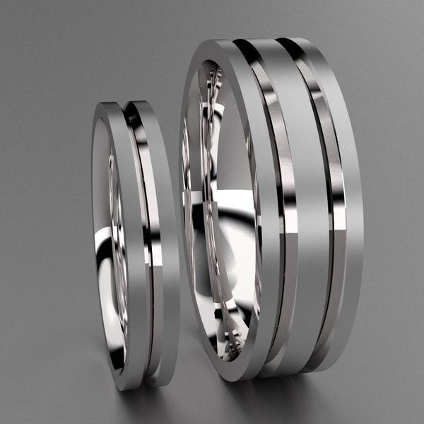 Silver His & Hers Brushed 6mm and 3mm Wedding Band Set, 925 Sterling Silver Mens and Ladies Matching Simple Unique Channels and Comfort Fit