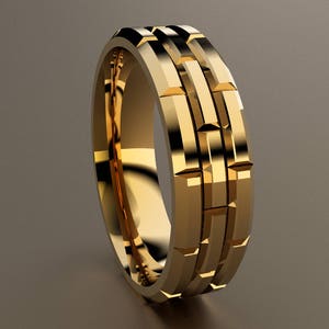 10kt Yellow Gold 6mm Mens Wedding Band with Brick Design, 10kt Yellow Gold Brick Pattern Faceted Wedding Ring, Classic Wedding Ring Deep