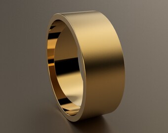 14kt Yellow Gold 8mm Mens Brushed Flat Wedding Band, Matte Finish Wide Flat Minimalist Design, White Gold, Comfortable Light Wedding Ring