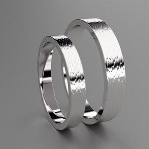Silver Hammered 4mm and 3mm His & Hers Flat Wedding Bands, 925 Sterling Silver Hammer Finish Flat Minimalist Design Comfortable Wedding Ring