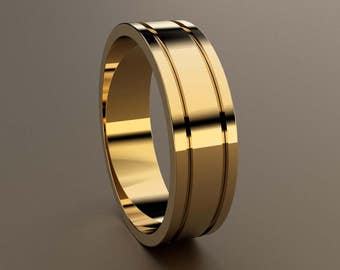 18kt Yellow Gold 6mm Mens Wedding Band, Mens Gold Wedding Ring Deep Grooves, 6 mm Mans Wedding Band, Yellow Gold Light Weight Pipe Band