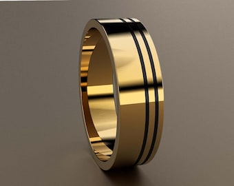 14kt Yellow Gold 6mm Mens Wedding Band, Mens Gold Wedding Ring Deep Offset Double Grooves with Black Antiquing, Minimalist 6 mm Mans Band