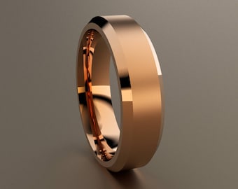 14kt Rose Gold 6mm Brushed Mens Wedding Band Beveled Edge, Classic Beveled Edge 14kt Pink Gold Wedding Ring, Solid Gold Simple Ring