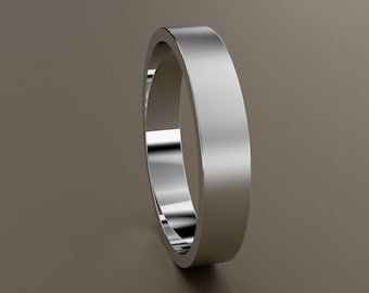 14kt White Gold 4mm Mens Brushed Flat Wedding Band, Matte Finish Flat Minimalistic Design, Comfortable Light Wedding Ring