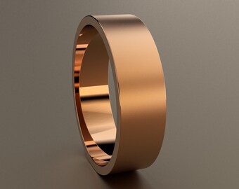 10kt Rose Gold 6mm Mens Brushed Flat Wedding Band, Matte Finish Wide Flat Minimalist Design, Rectangular Comfortable Light Wedding Ring