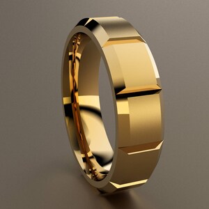 14kt Yellow Gold 6mm Brushed Mens Wedding Band Clean & Sharp Lines, Classic Beveled Edge 14kt Yellow Gold Wedding Ring, Simple Wedding Ring
